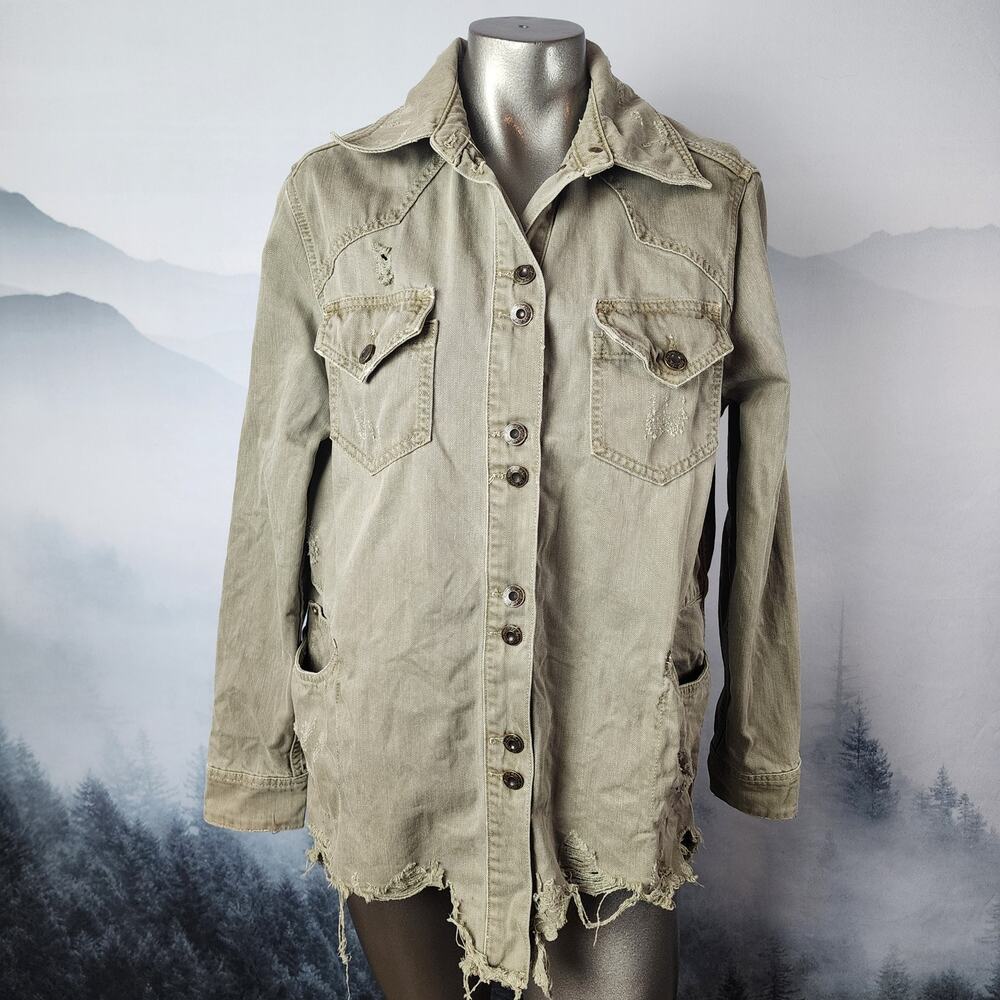 Free People Moonchild Army Green Denim Shirt / Utility Jacket | Women's XS